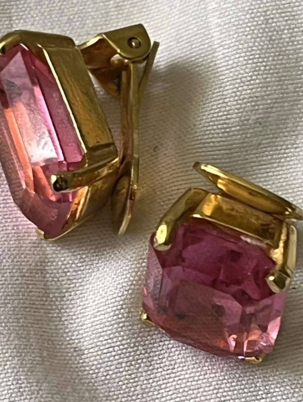 Christian Dior VTG Gold Tone Signed Pink Emerald Cut Crystal Clip Earrings 1950'